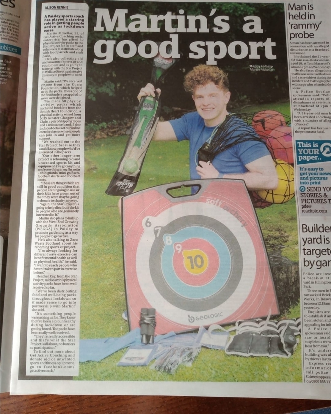 Newspaper article screenshot about Martin's community activity 