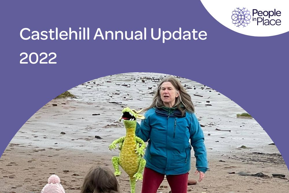 image of dinosaur puppet performance with the text ' Castlehill Annual update 2022'