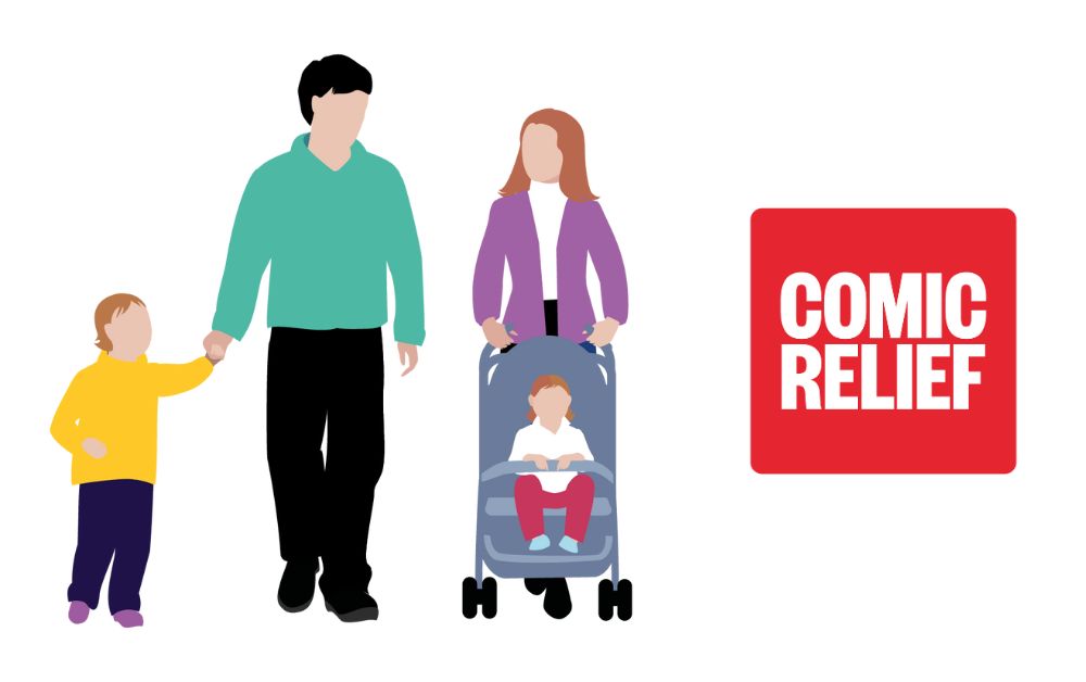 Comic relief logo and graphic of a family being together