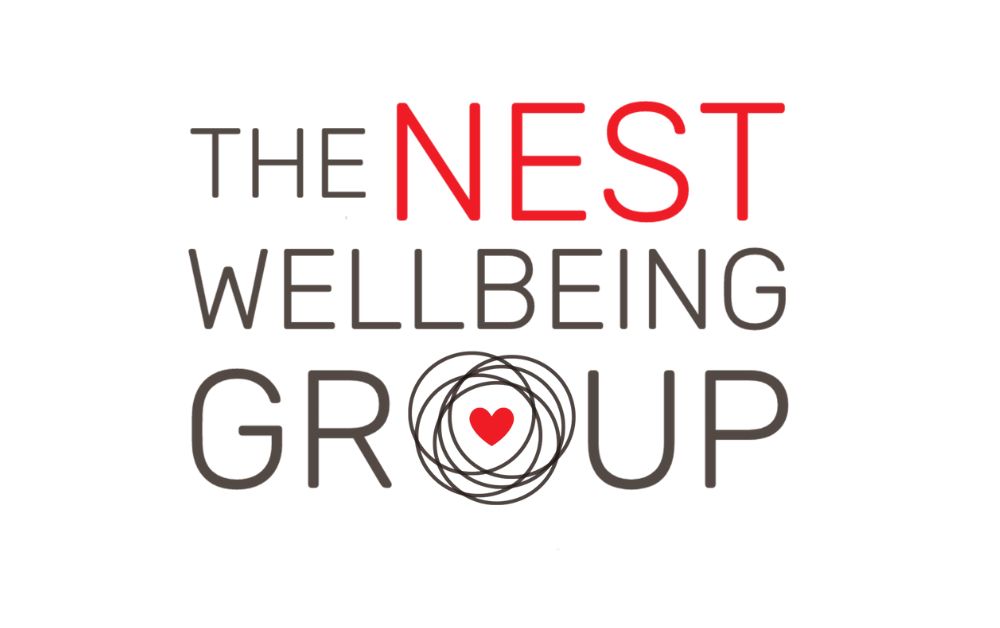logo of the nest wellbeing group - text with a love heart in the 'O' of group