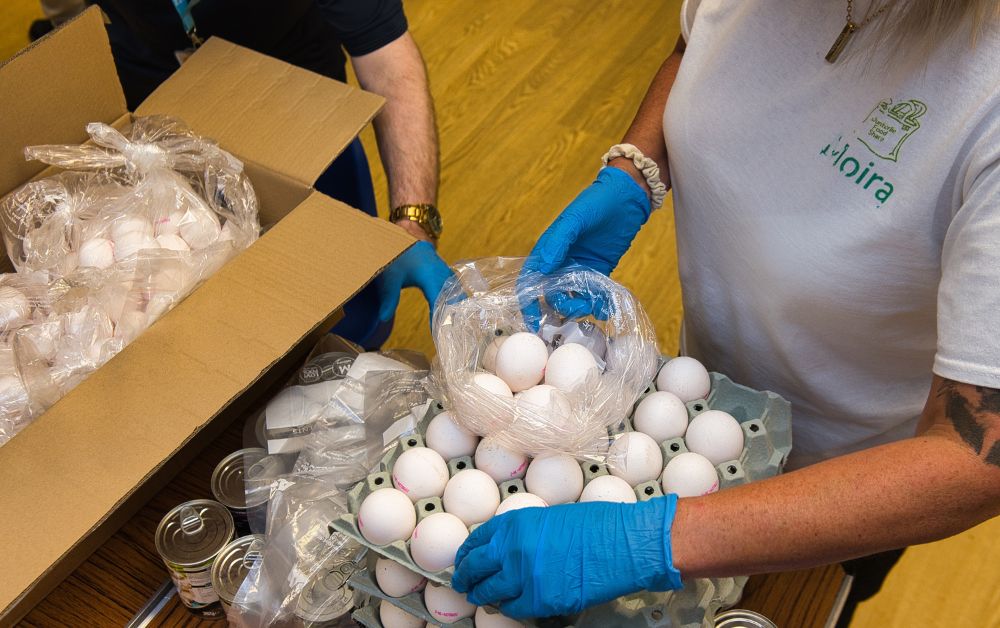 volunteers packing bags of eggs
